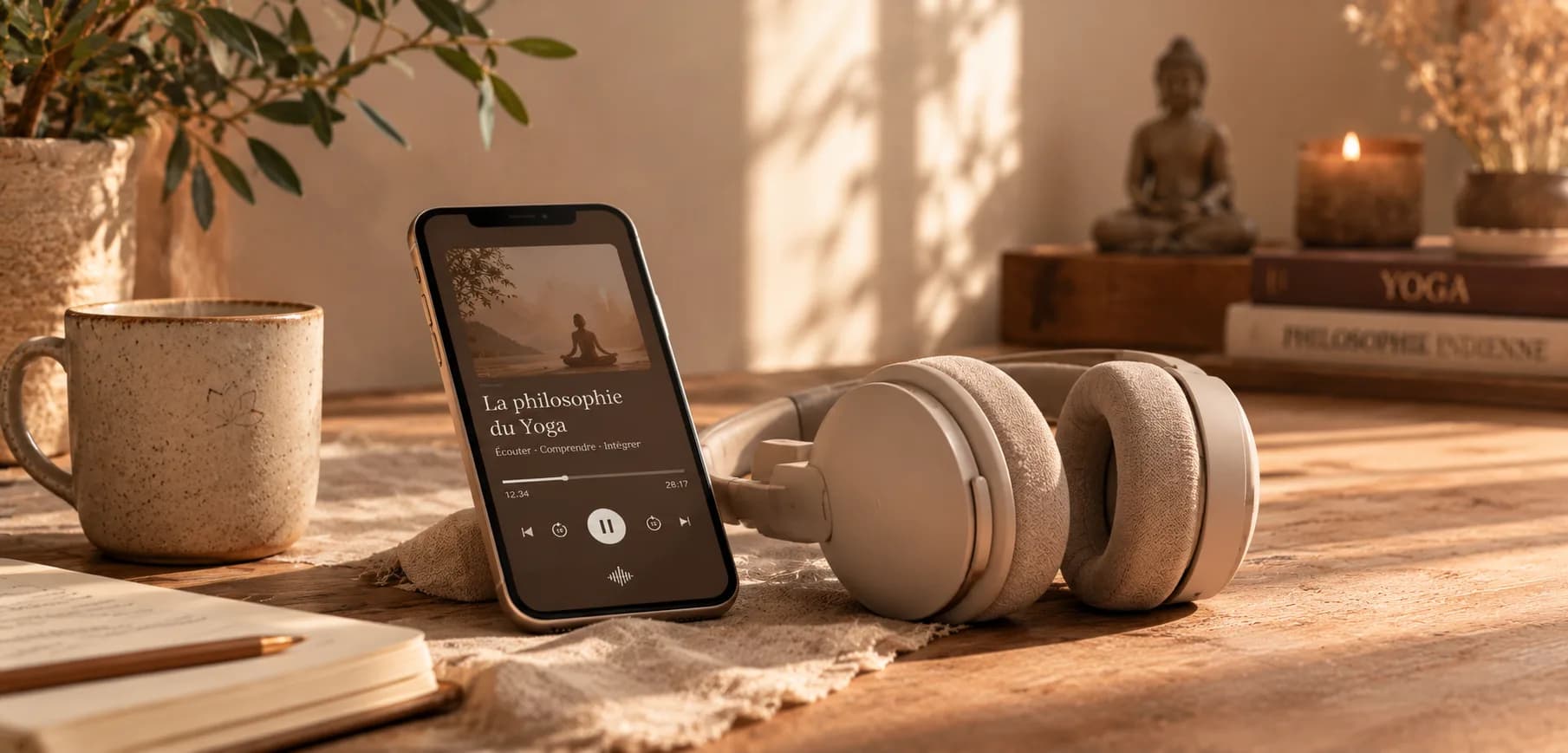 Téléphone diffusant un podcast sur la philosophie du yoga, à côté d'un casque audio