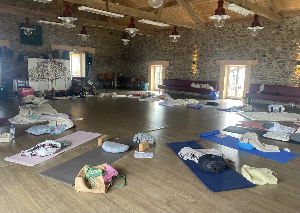 Grande salle en pierre, tapis et coussins prêts pour un cours de yoga