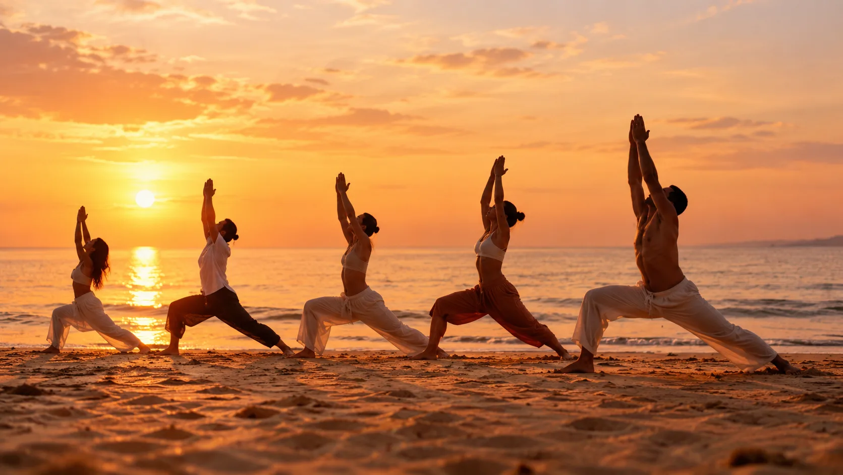 Groupe de personnes pratiquant le yoga face à la mer, au coucher du soleil
