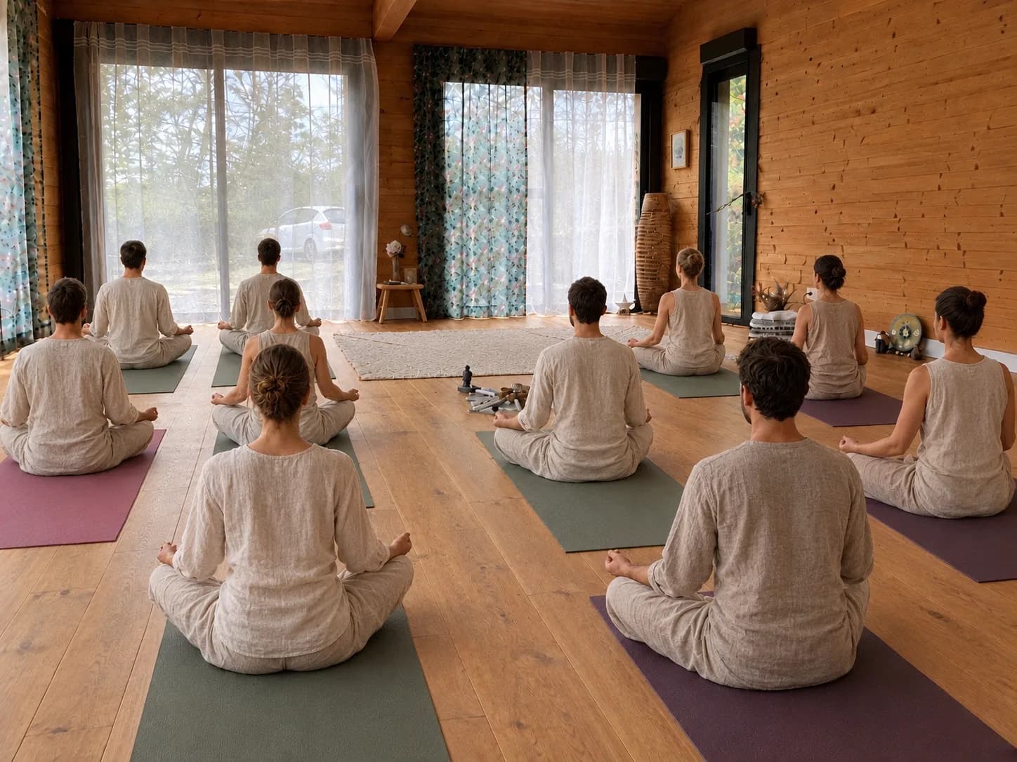 Groupe en méditation dans la salle de pratique